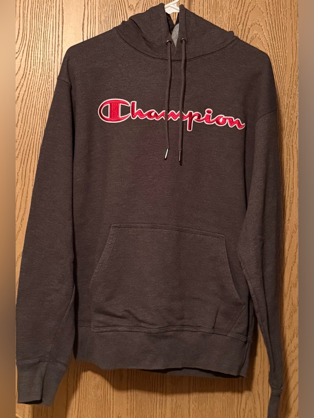 Champion Charcoal Crewneck Hoodie with Red Logo